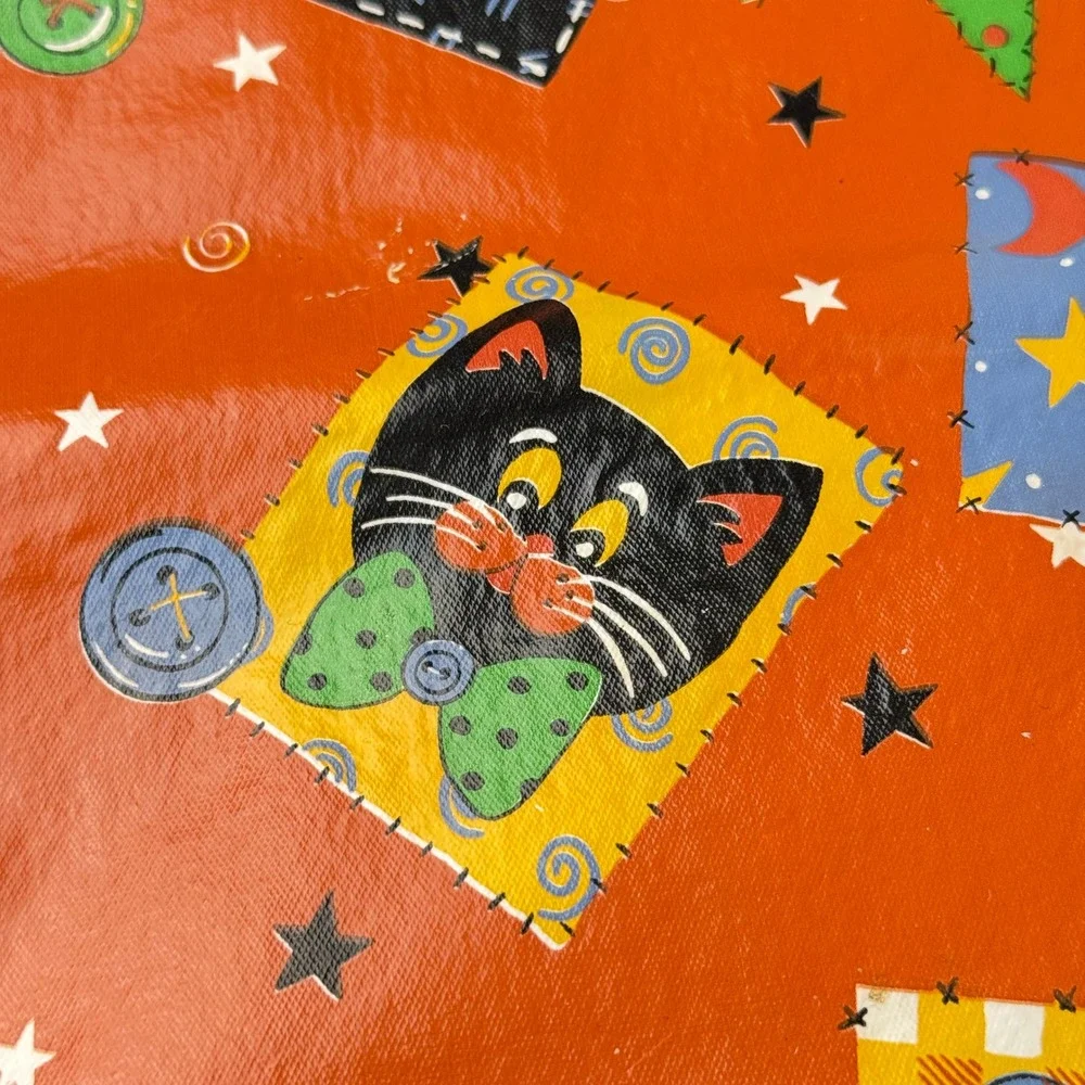 Halloween Vinyl/Flannel Backed Tablecloth Orange Black Cat Moon Stars 86